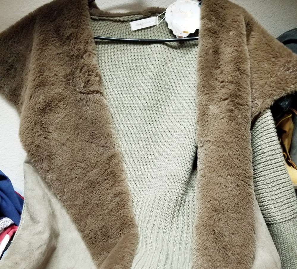 Simply Couture Faux Fur Collared Sweater, Brown, S